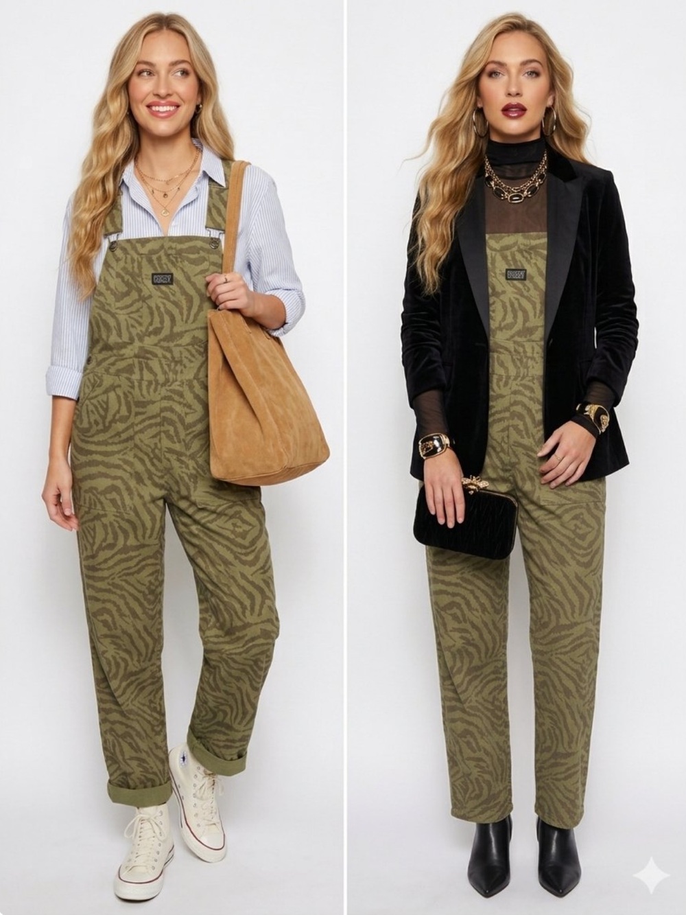 Obey Olive Zebra-Print Overall Jumpsuit